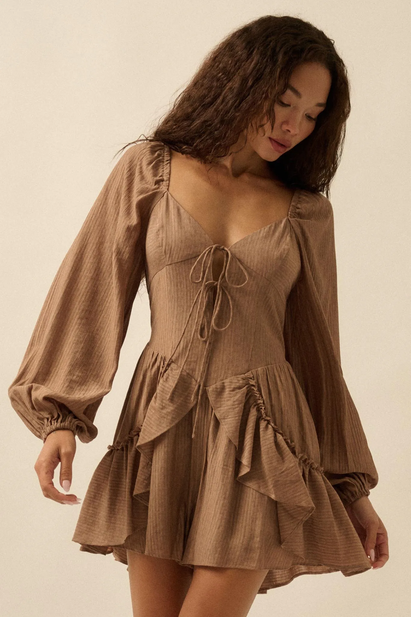 Lost in Love Tie-Front Ruffled Peasant Romper sold by Promesa