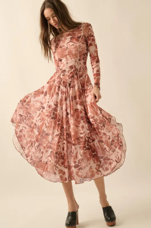 Stellar Stems Floral Mesh Drop-Waist Midi Dress sold by Promesa