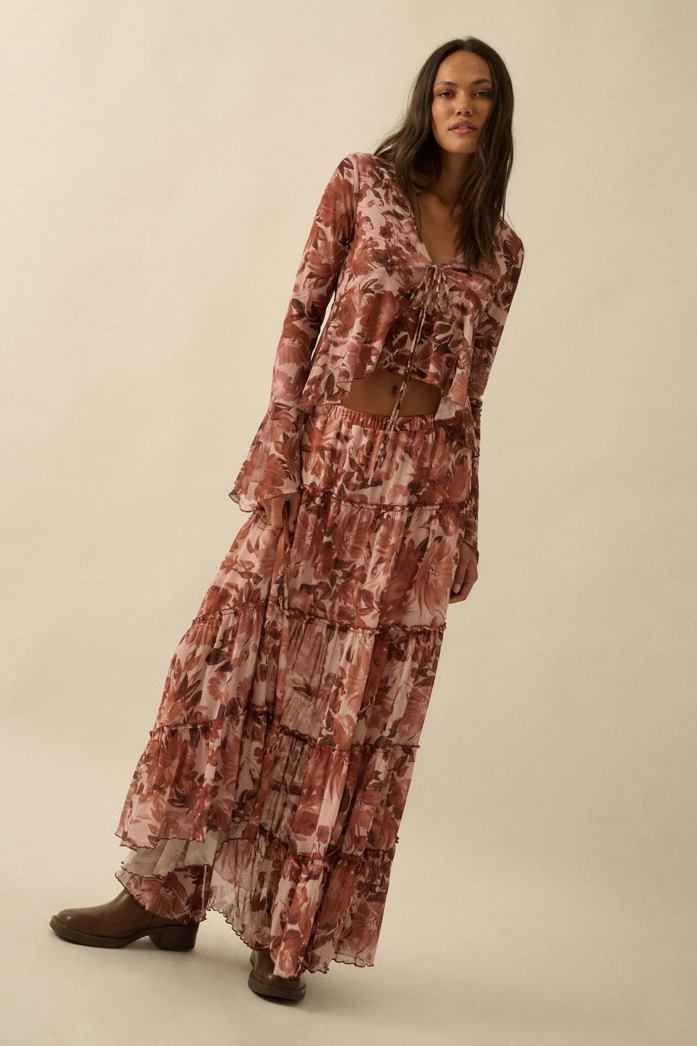Sublime Blooms Floral Mesh Tied Bell-Sleeve Top sold by Promesa product image thumbnail 3