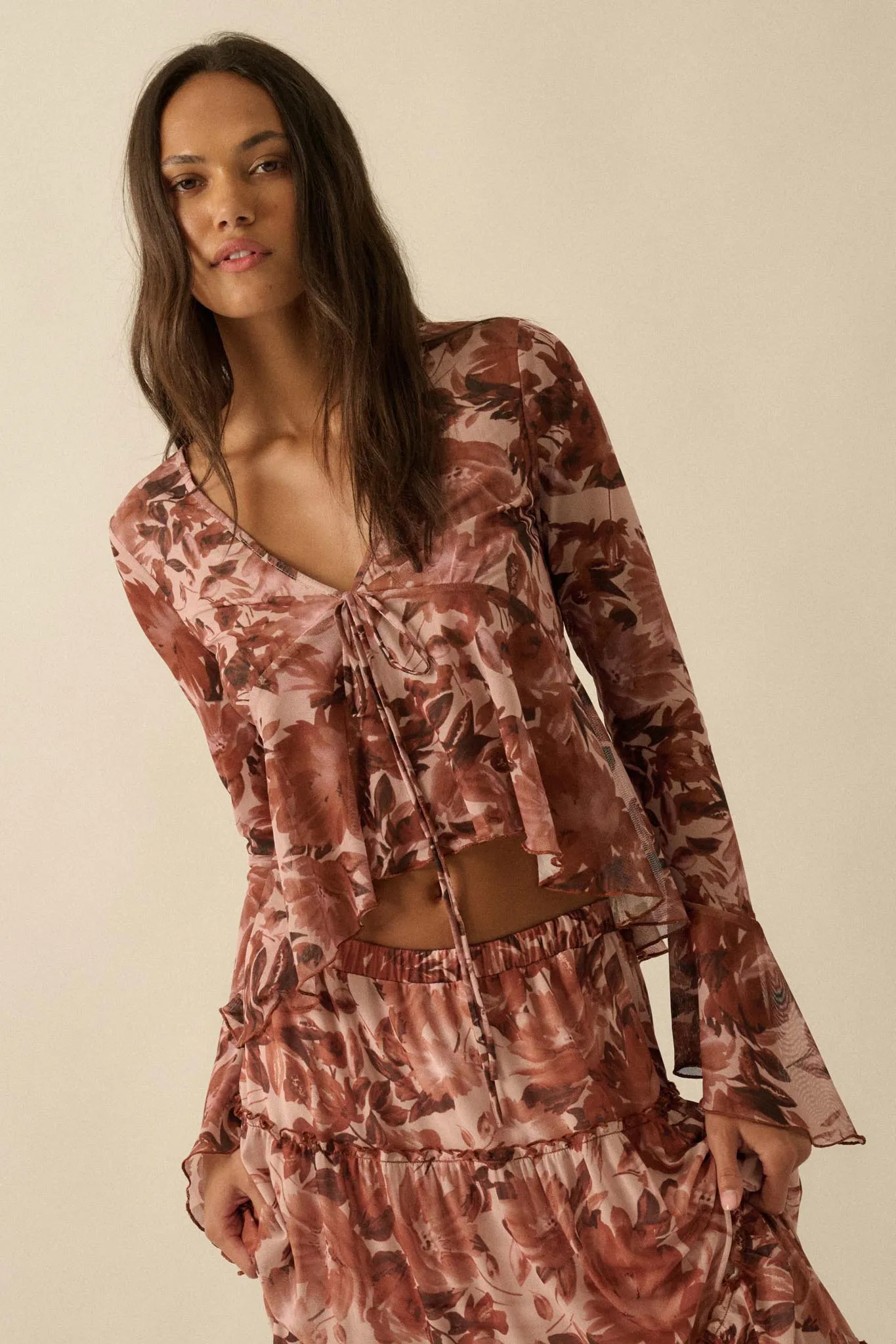 Sublime Blooms Floral Mesh Tied Bell-Sleeve Top sold by Promesa product image thumbnail 5