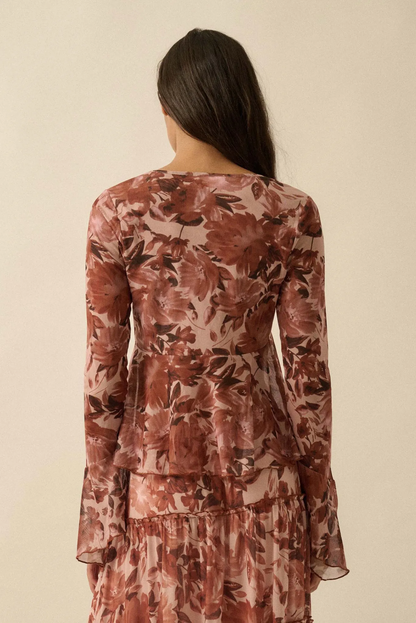 Sublime Blooms Floral Mesh Tied Bell-Sleeve Top sold by Promesa product image thumbnail 2