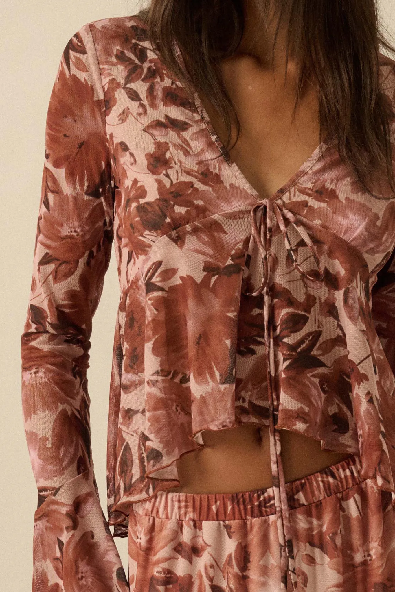 Sublime Blooms Floral Mesh Tied Bell-Sleeve Top sold by Promesa product image thumbnail 4