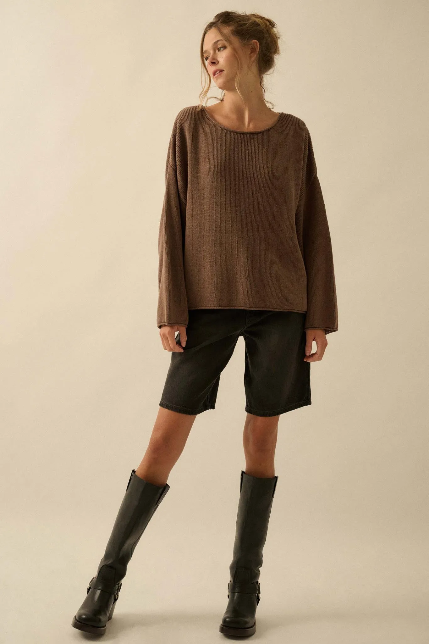 Chill Vibes Rolled-Edge Ribbed Knit Sweater sold by Promesa product image thumbnail 4