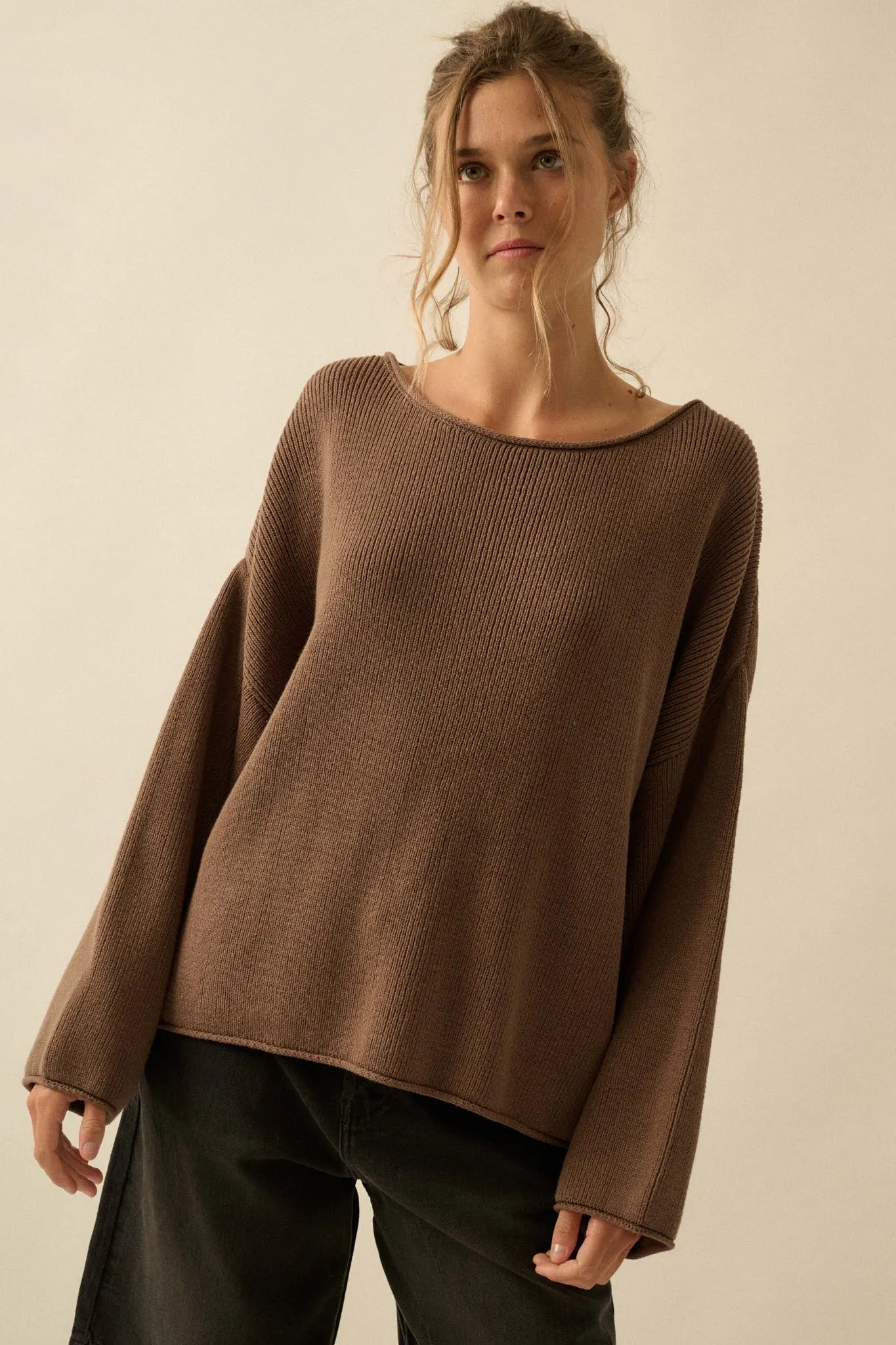 Chill Vibes Rolled-Edge Ribbed Knit Sweater sold by Promesa product image thumbnail 5