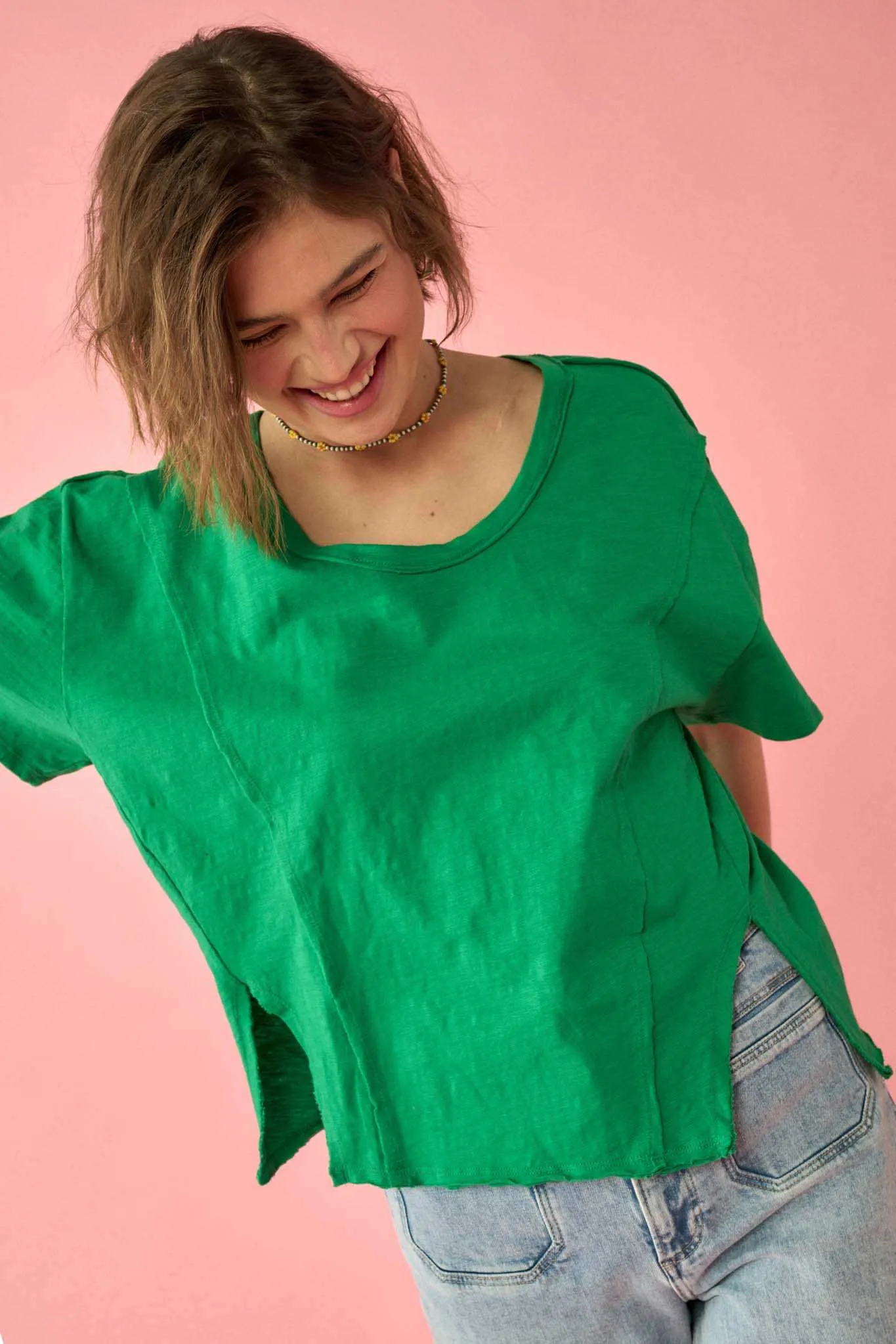 Easy Fit Vintage-Wash Slub Cotton Split-Hem Tee sold by Promesa