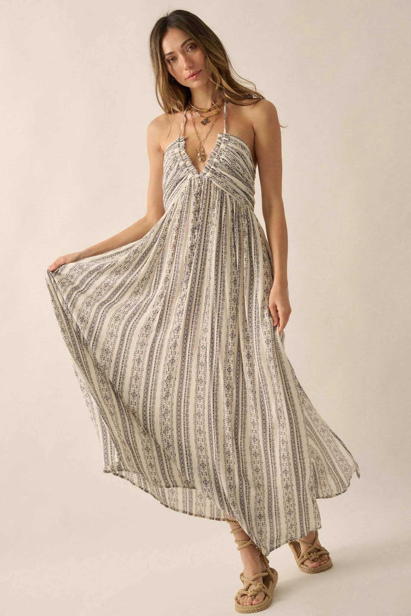 Well Traveled Geo-Print Striped Halter Maxi Dress sold by Promesa product image thumbnail 4