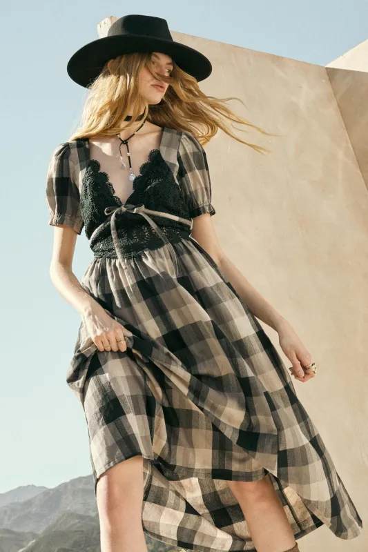 True Country Plaid and Lace Puff-Sleeve Midi Dress sold by Promesa