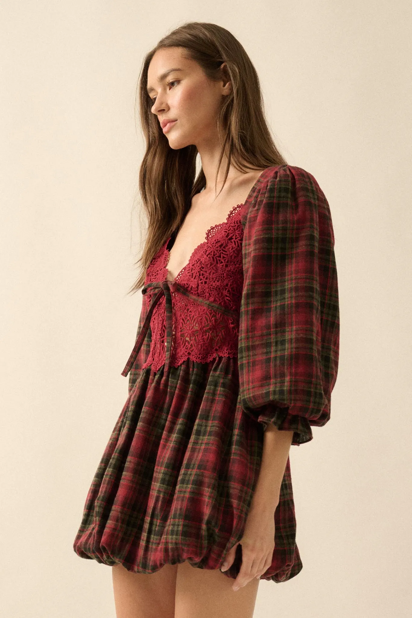 Country Cottage Plaid and Lace Bubble Mini Dress sold by Promesa product image thumbnail 5