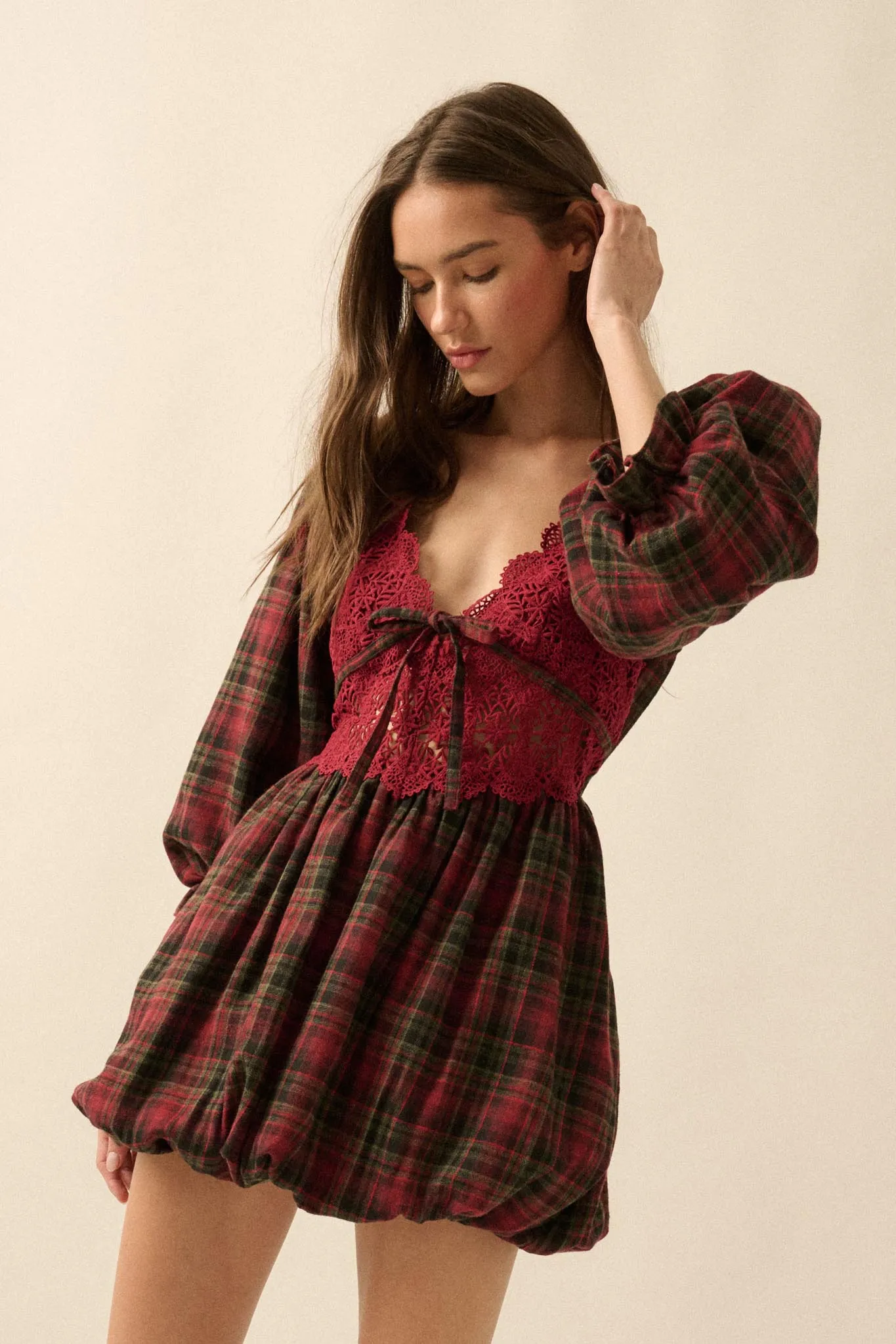 Country Cottage Plaid and Lace Bubble Mini Dress sold by Promesa