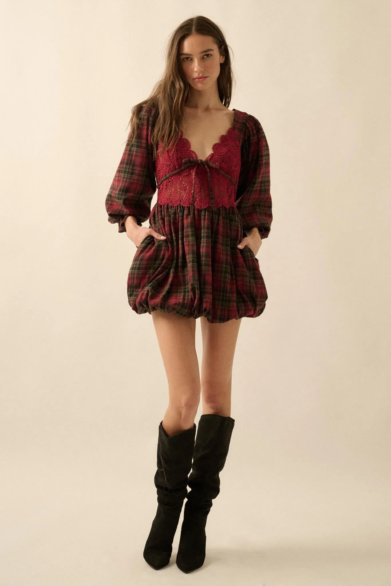 Country Cottage Plaid and Lace Bubble Mini Dress sold by Promesa product image thumbnail 3