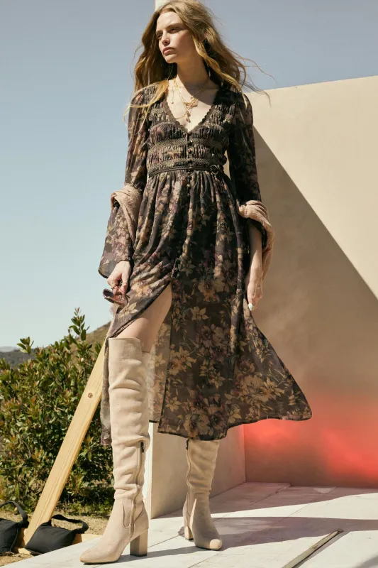 Boho Blossoms Floral Bell-Sleeve Midi Dress sold by Promesa