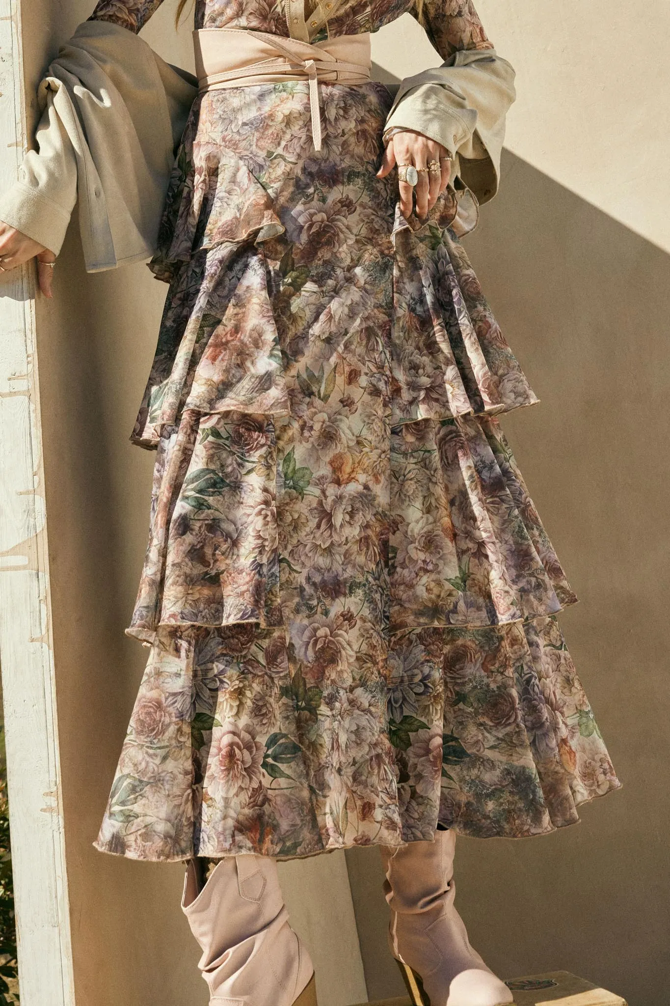 Dream Valley Floral Mesh Tiered Ruffle Maxi Skirt sold by Promesa product image thumbnail 2