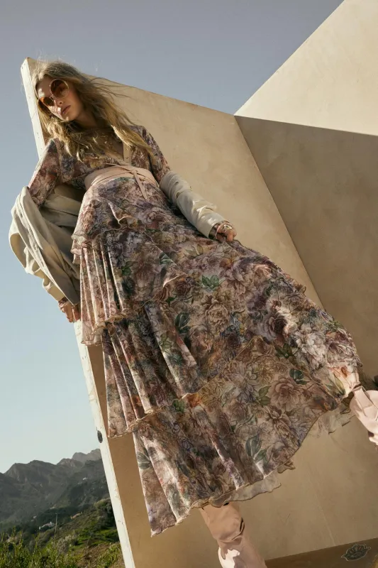 Dream Valley Floral Mesh Tiered Ruffle Maxi Skirt sold by Promesa