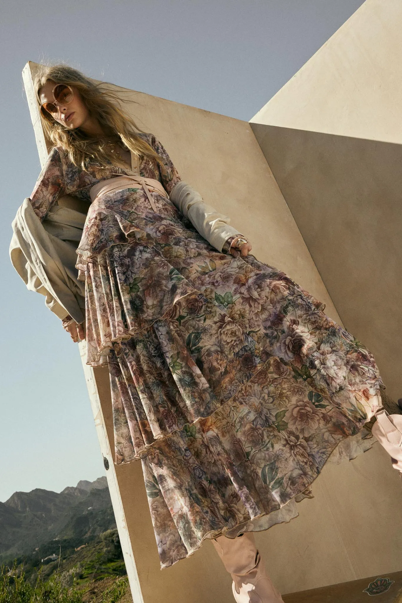 Dream Valley Floral Mesh Tiered Ruffle Maxi Skirt sold by Promesa