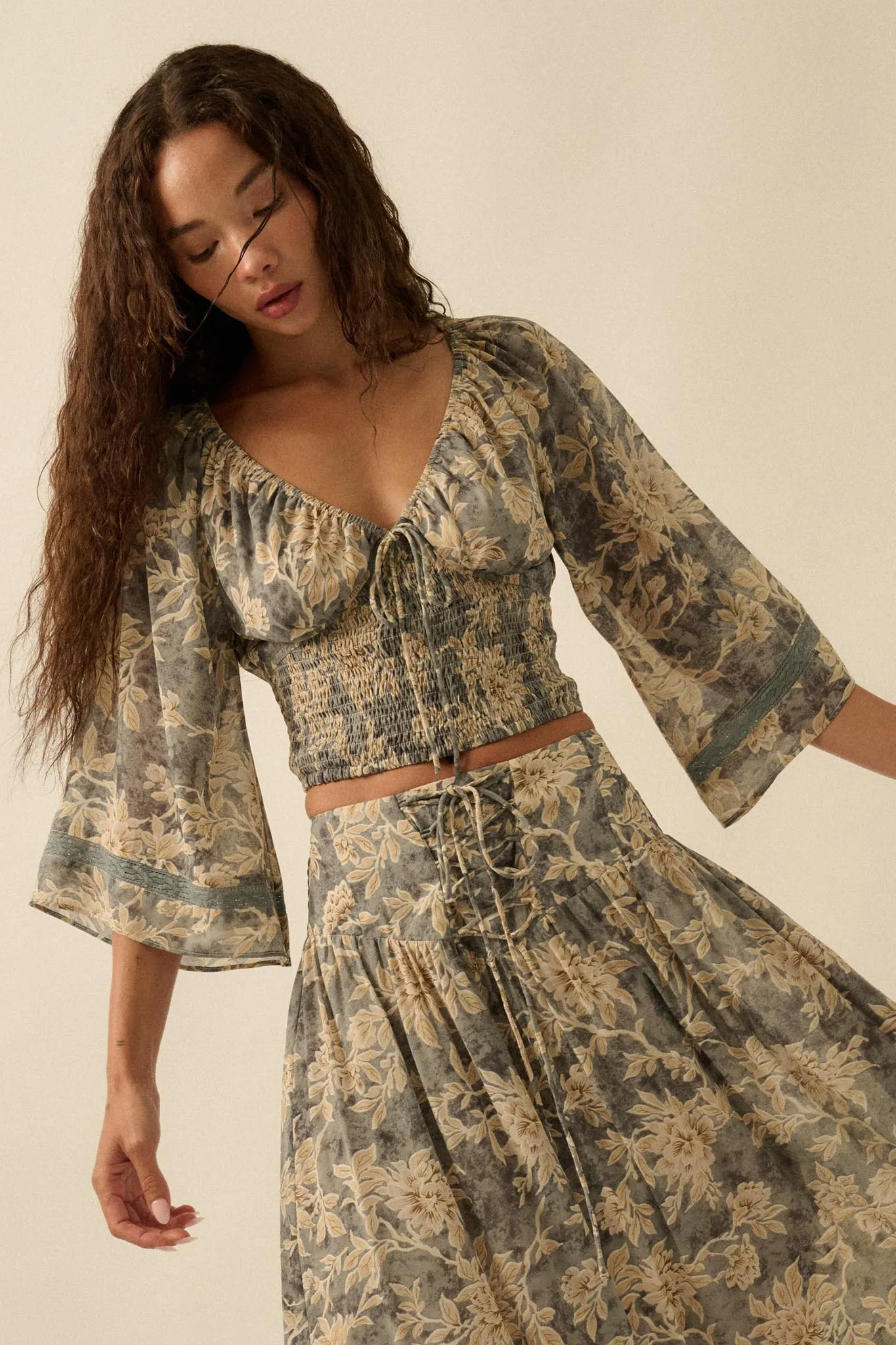 Dearest Love Floral Chiffon Cropped Peasant Top sold by Promesa product image thumbnail 4