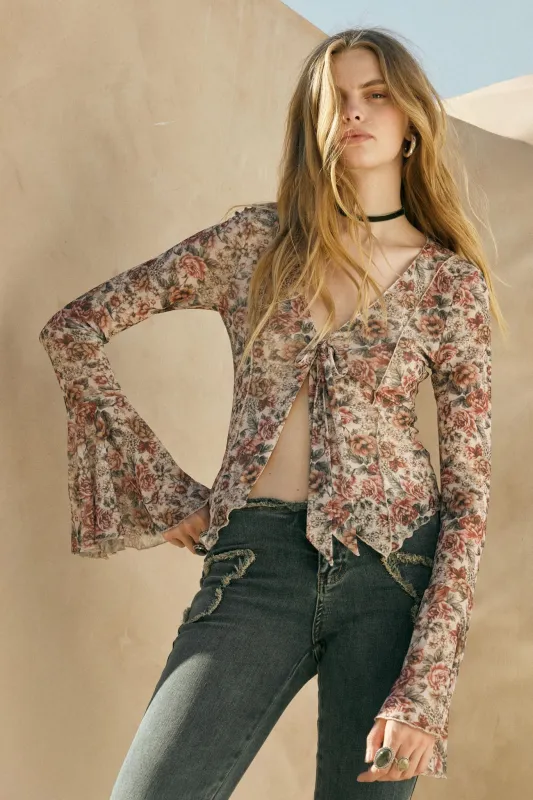 Rose Knows Floral Mesh Tie-Front Bell-Sleeve Top sold by Promesa