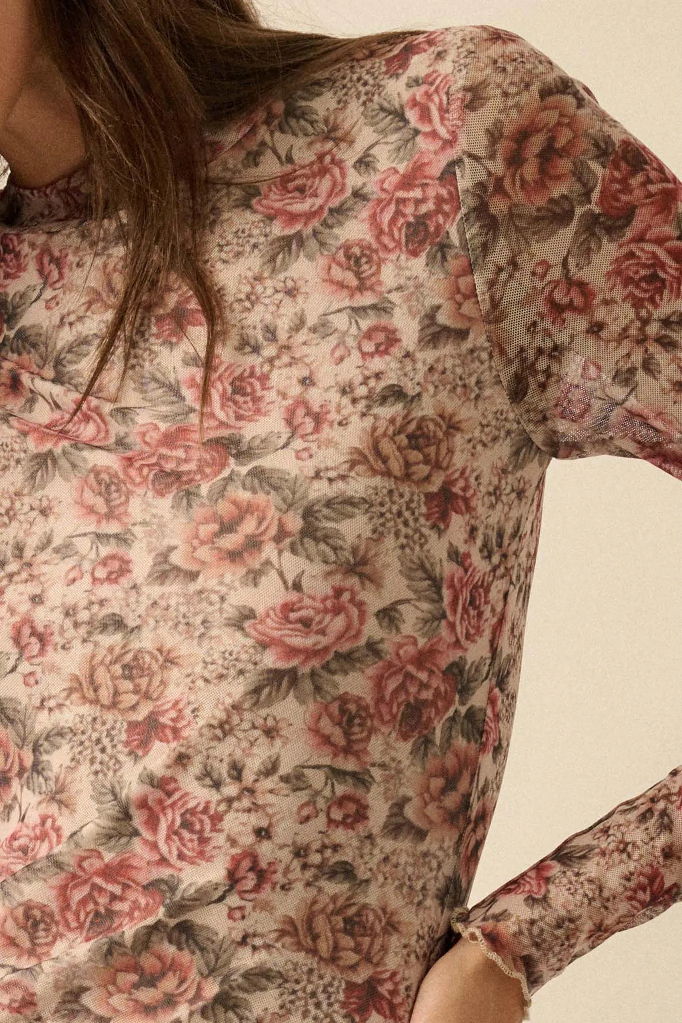 Wine and Roses Floral Mesh Mock-Neck Midi Dress sold by Promesa product image thumbnail 5