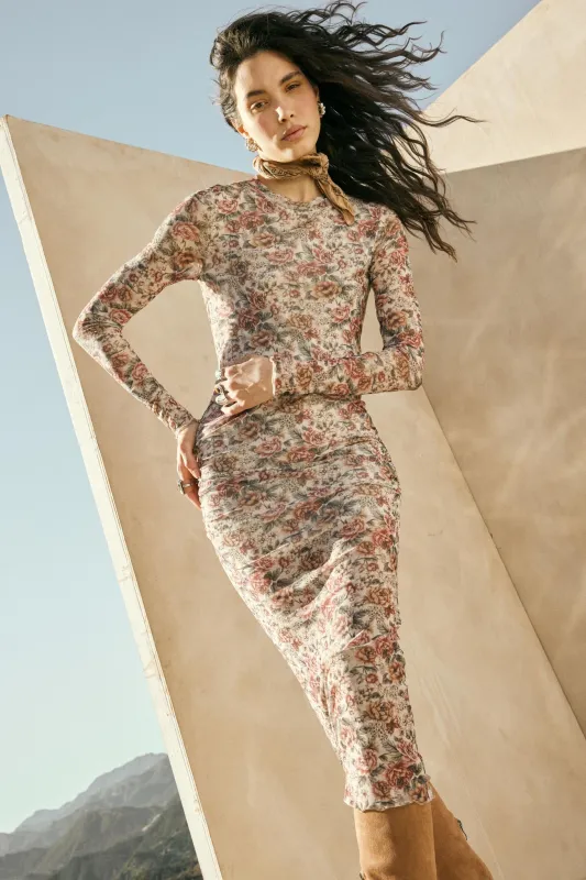 Wine and Roses Floral Mesh Mock-Neck Midi Dress sold by Promesa