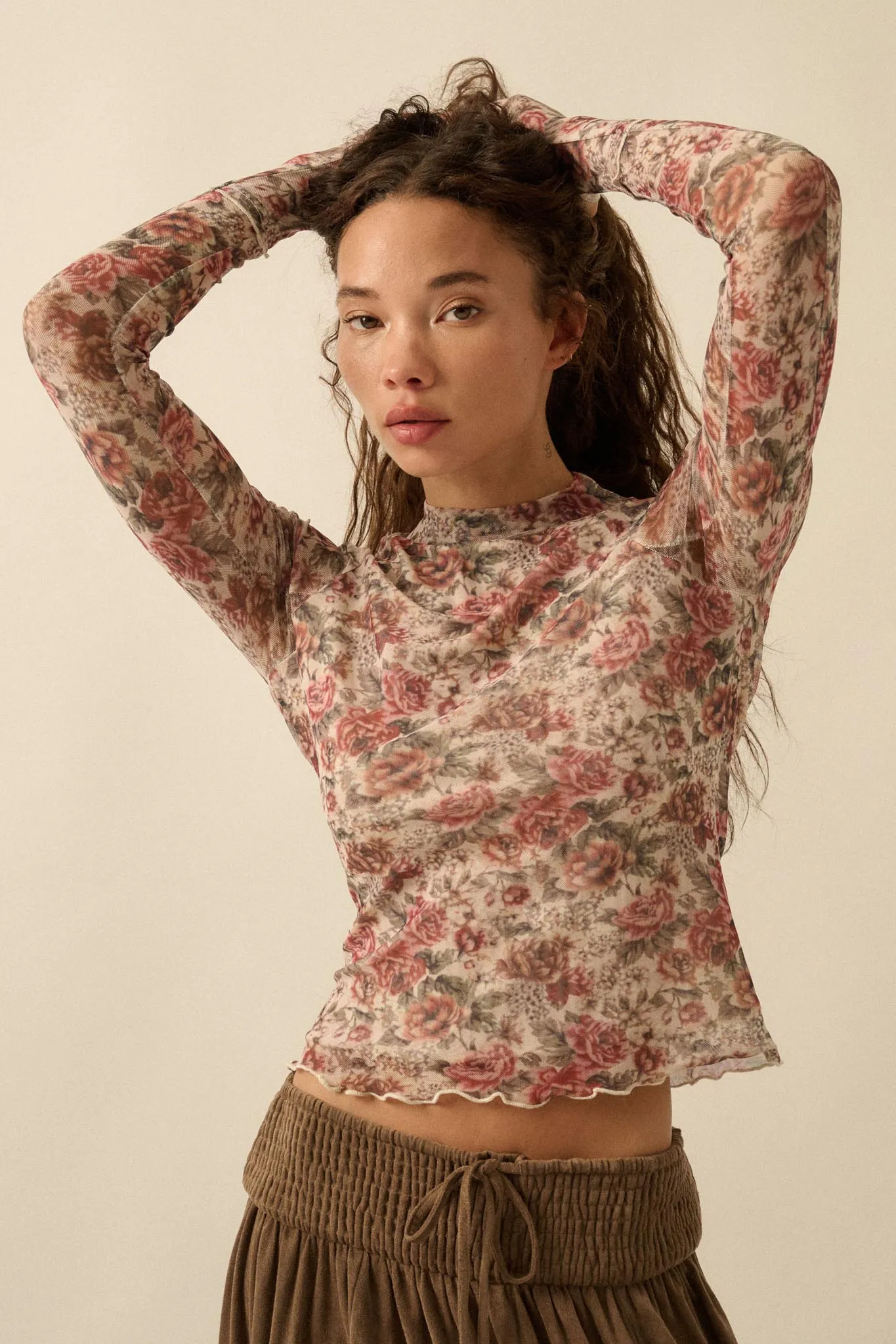 Bed of Roses Floral Mesh Mock-Neck Thumbhole Top sold by Promesa product image thumbnail 4