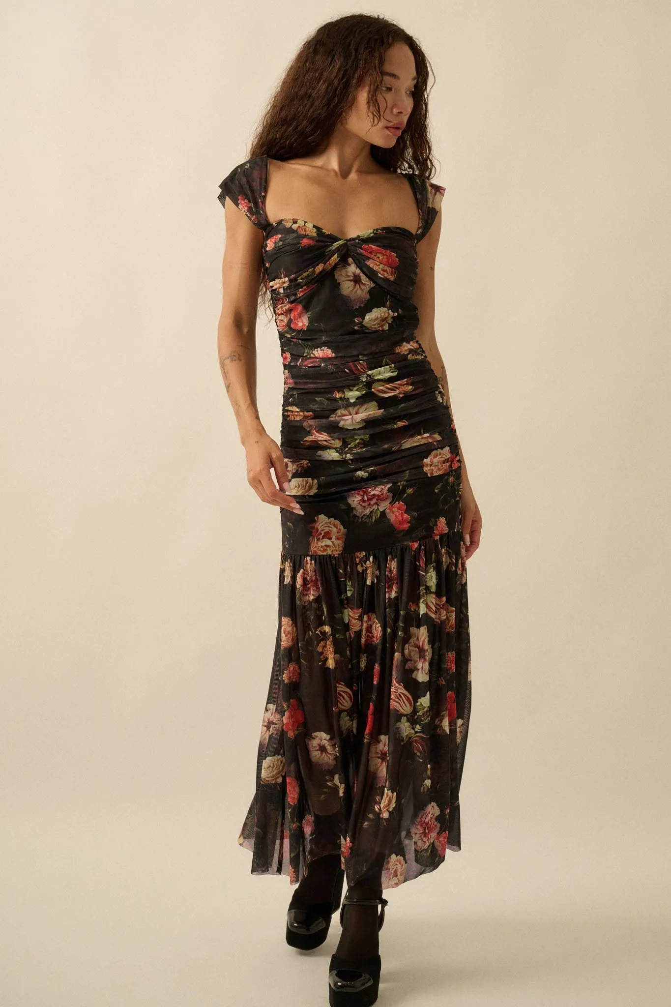 Nostalgic Beauty Floral Mesh Ruched Maxi Dress sold by Promesa product image thumbnail 4