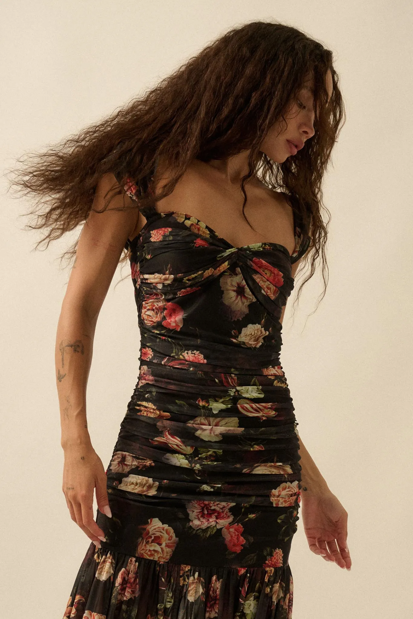 Nostalgic Beauty Floral Mesh Ruched Maxi Dress sold by Promesa product image thumbnail 5