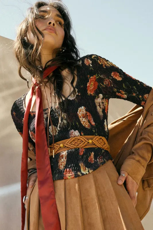 Heirloom Blooms Floral Mesh Smocked Corset Top sold by Promesa