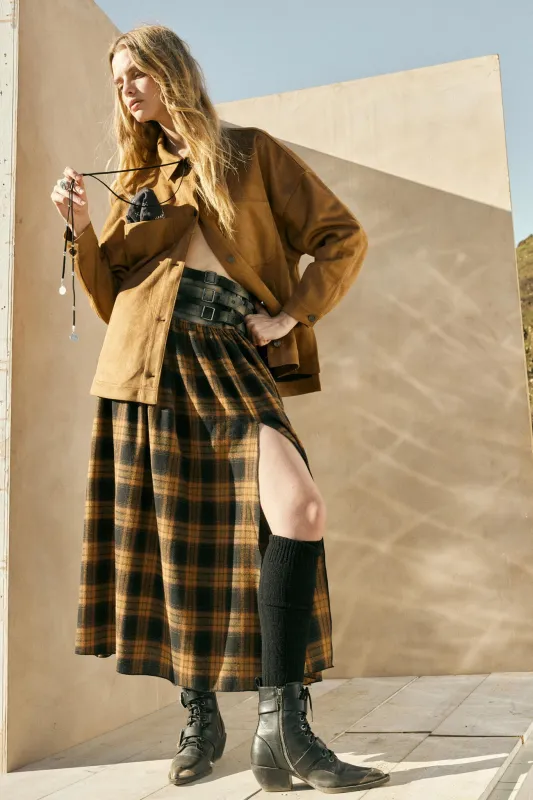 Checkered Past Belted Drop-Waist Plaid Maxi Skirt sold by Promesa