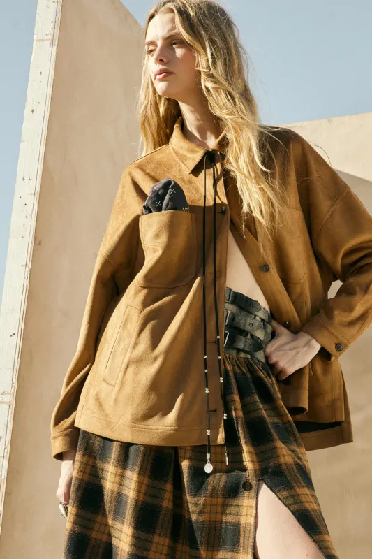 Soft Spoken Vegan Suede Pocket Shacket sold by Promesa