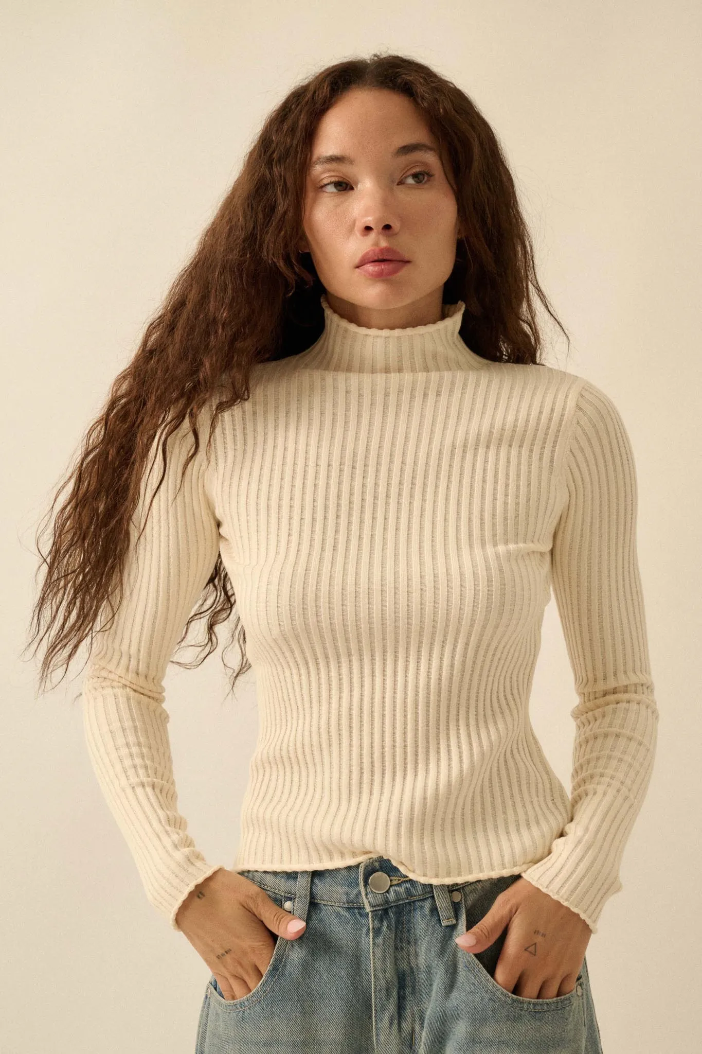 Finer Things Semi-Sheer Rib-Knit Mock-Neck Top sold by Promesa product image thumbnail 4