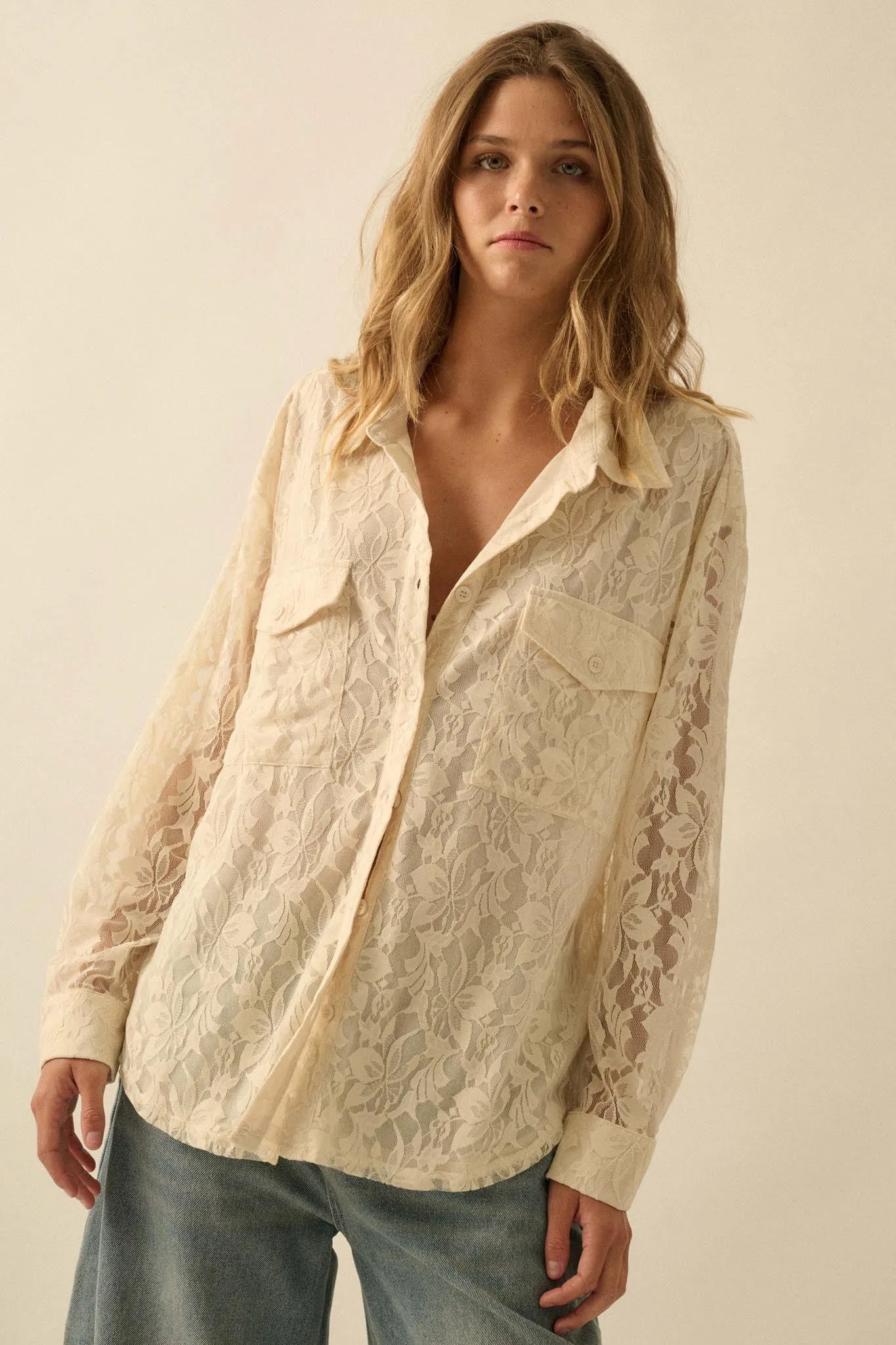 Pure Poetry Floral Lace Button-Up Pocket Shirt sold by Promesa product image thumbnail 4
