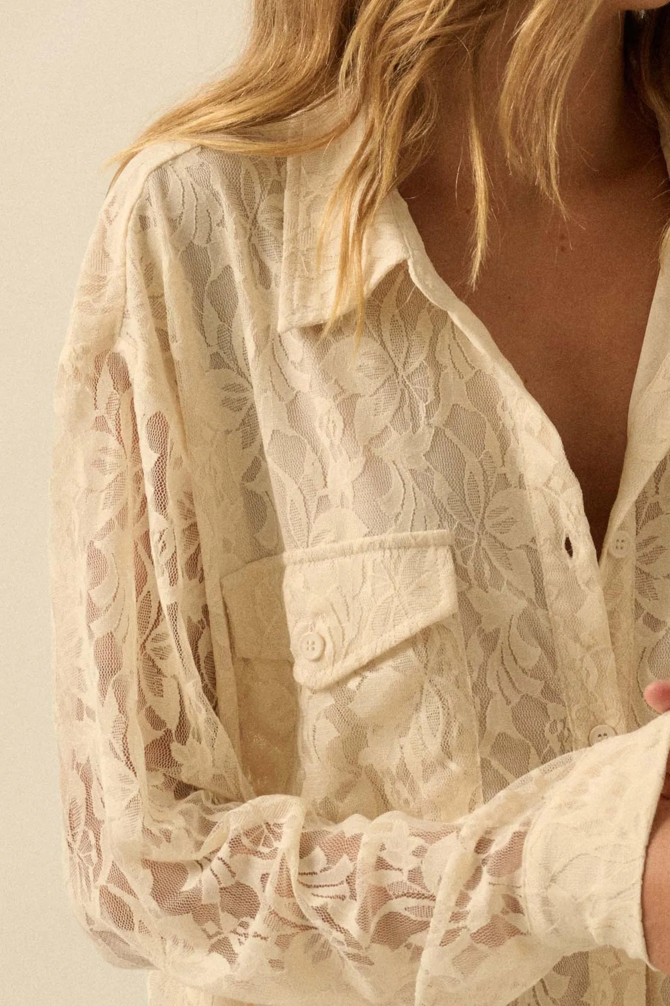 Pure Poetry Floral Lace Button-Up Pocket Shirt sold by Promesa product image thumbnail 5