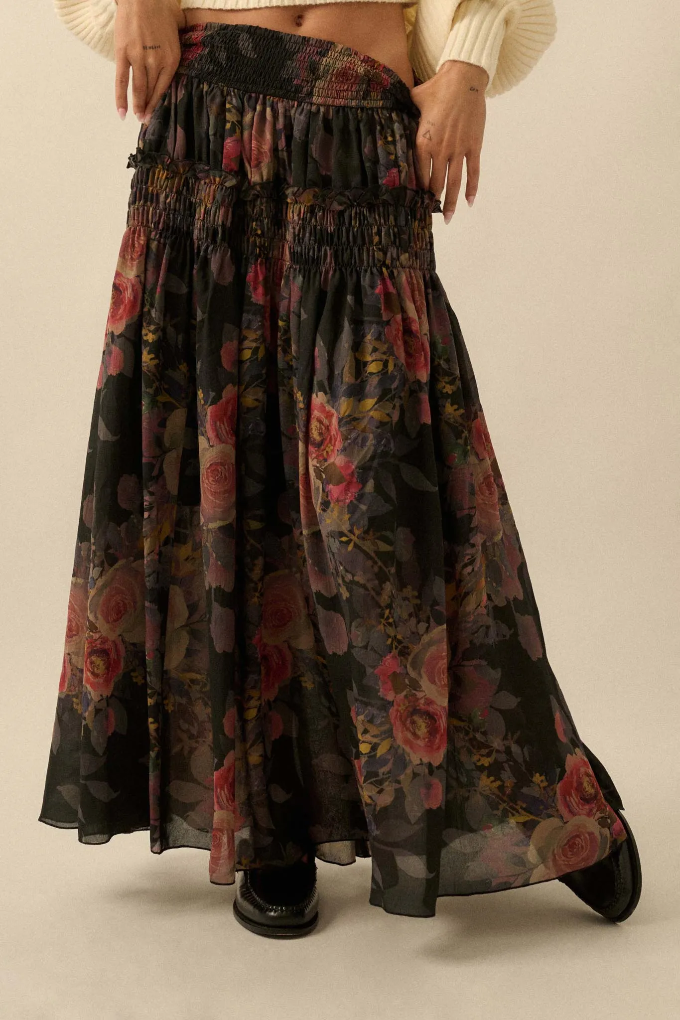 Garden Ramble Smocked Floral Chiffon Maxi Skirt sold by Promesa product image thumbnail 4