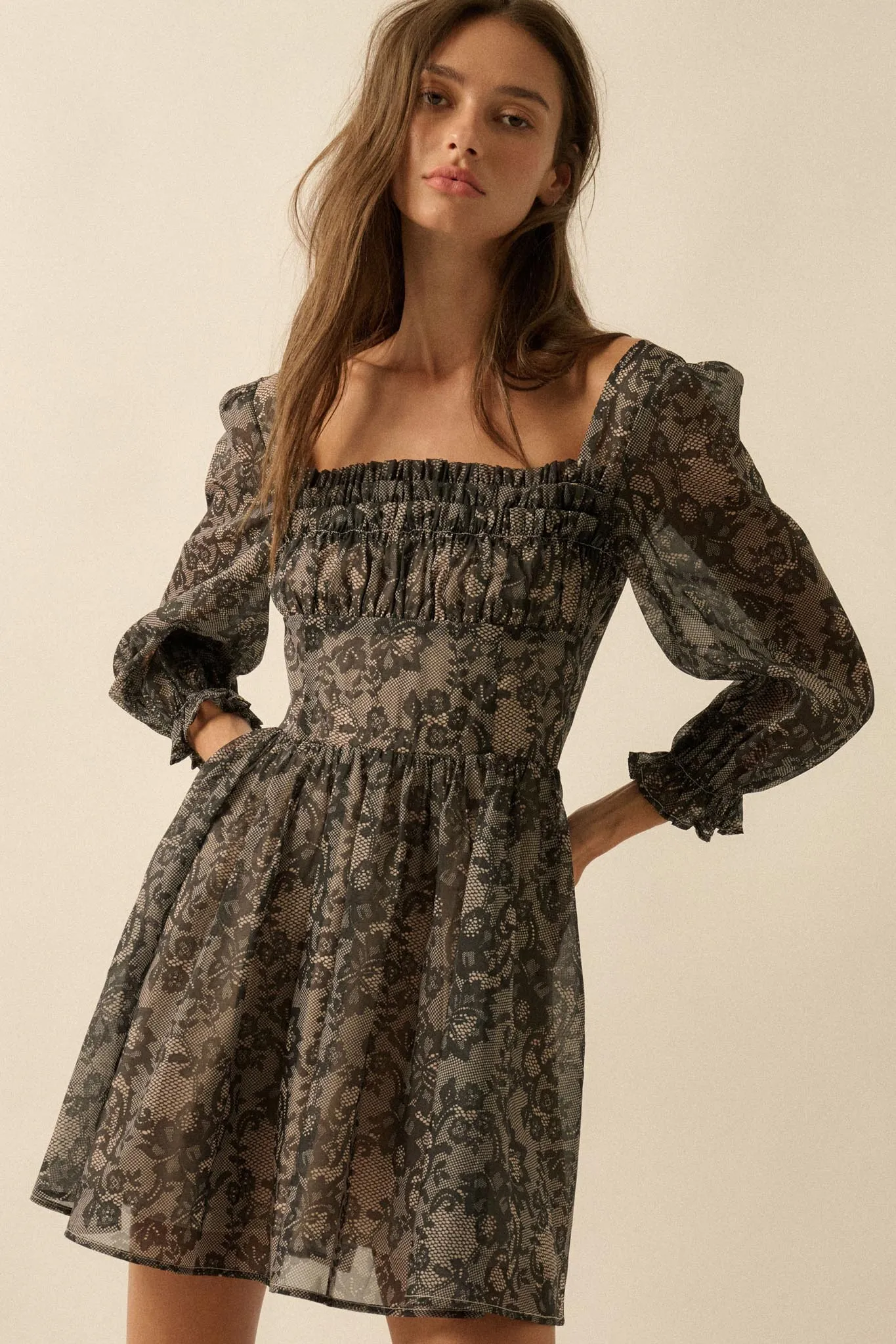 Night to Remember Lace-Print Organza Mini Dress sold by Promesa product image thumbnail 4