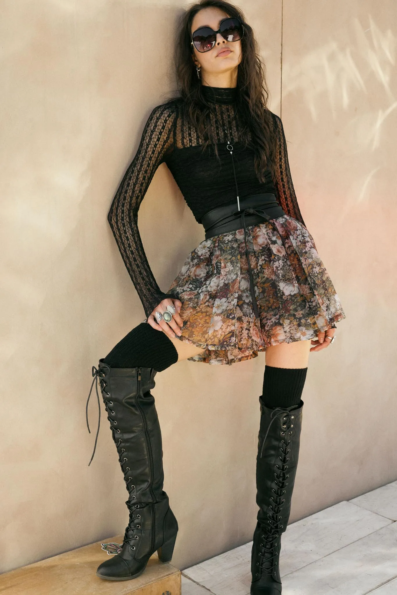 Blossoming Autumn Floral Organza Pleated Skort sold by Promesa