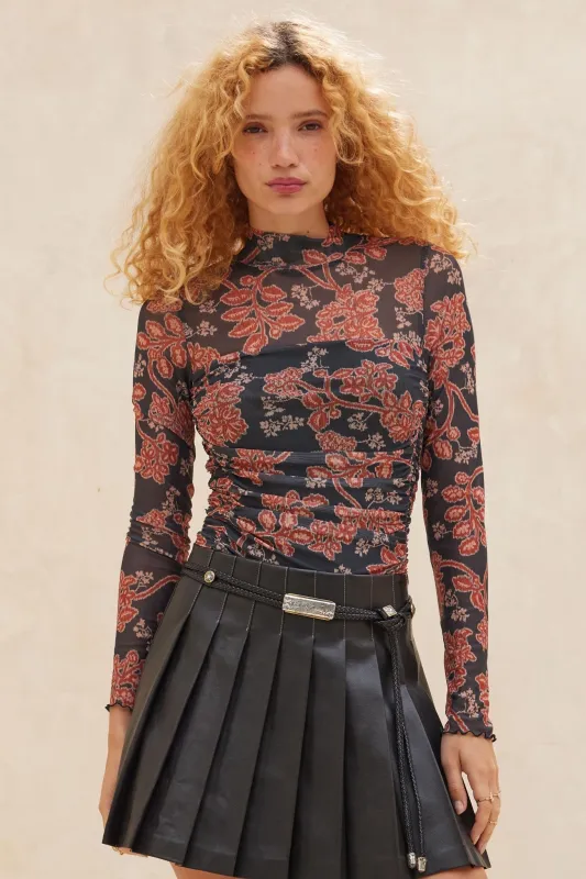 Baroque Blooms Floral Mesh Ruched Bodysuit sold by Promesa