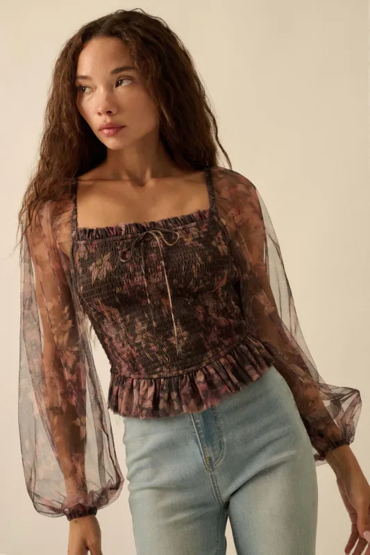 Bohemian Bliss Smocked Floral Tulle Peasant Top sold by Promesa