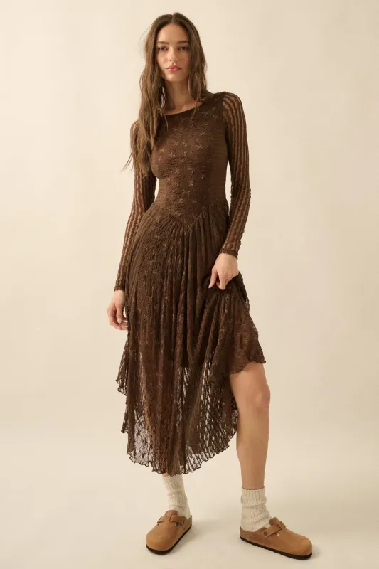 Divine Beauty Paneled Lace Handkerchief Midi Dress sold by Promesa