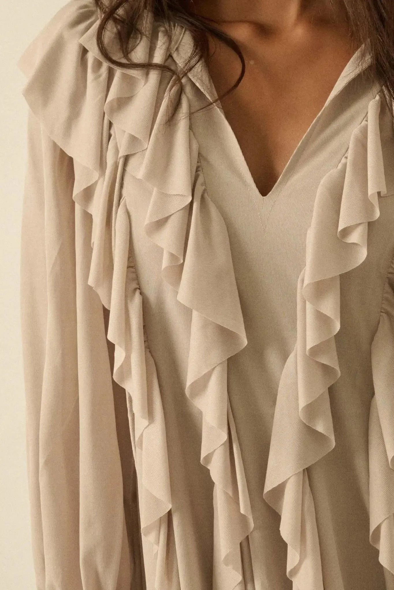 Wind Song Mesh Cascade Ruffle Peasant Romper sold by Promesa product image thumbnail 4