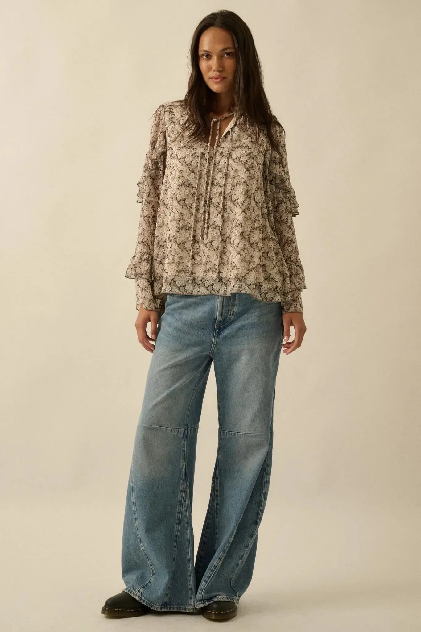 Embrace Me Floral Chiffon Ruffle Bell-Sleeve Top sold by Promesa product image thumbnail 5