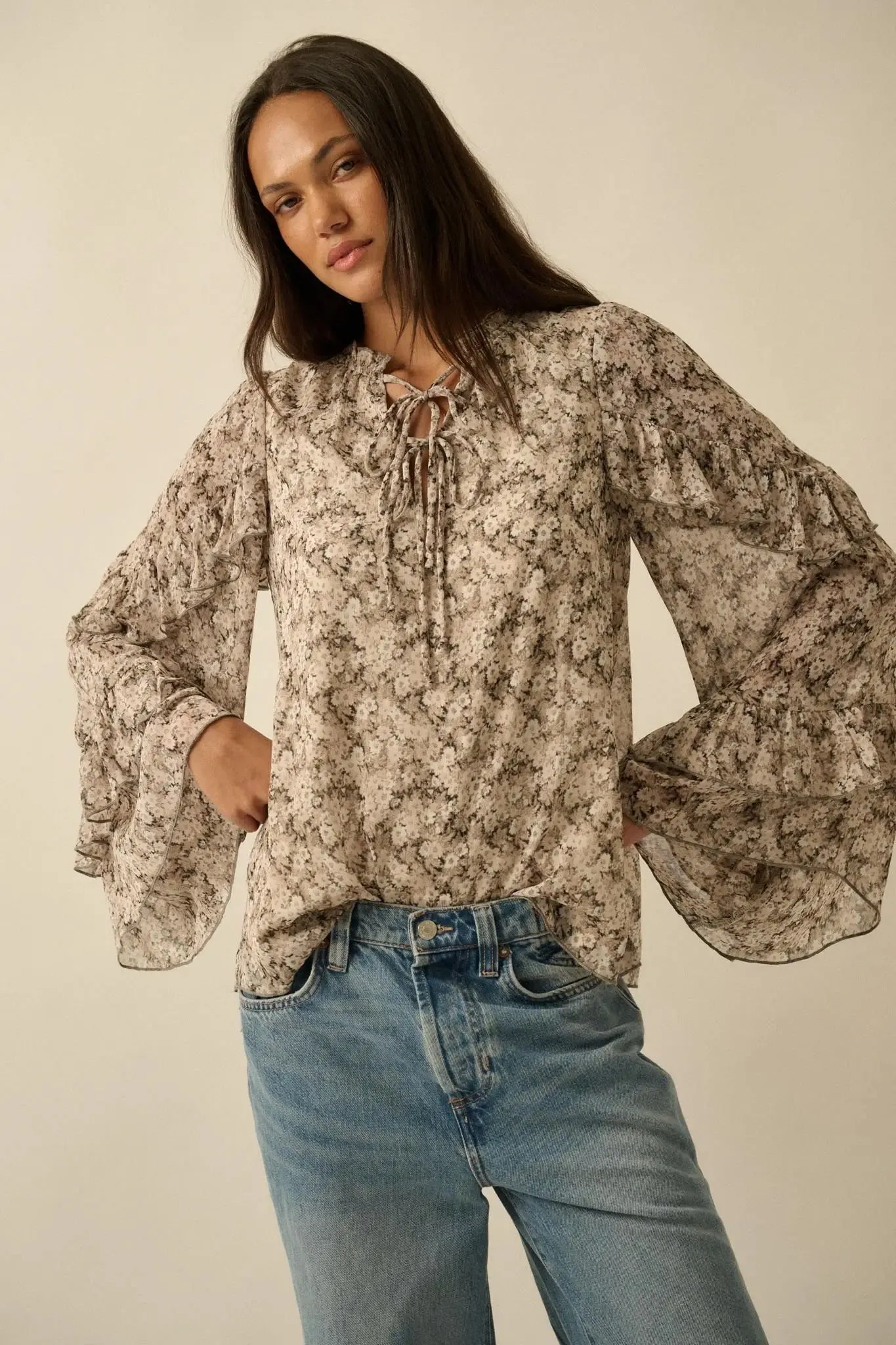 Embrace Me Floral Chiffon Ruffle Bell-Sleeve Top sold by Promesa