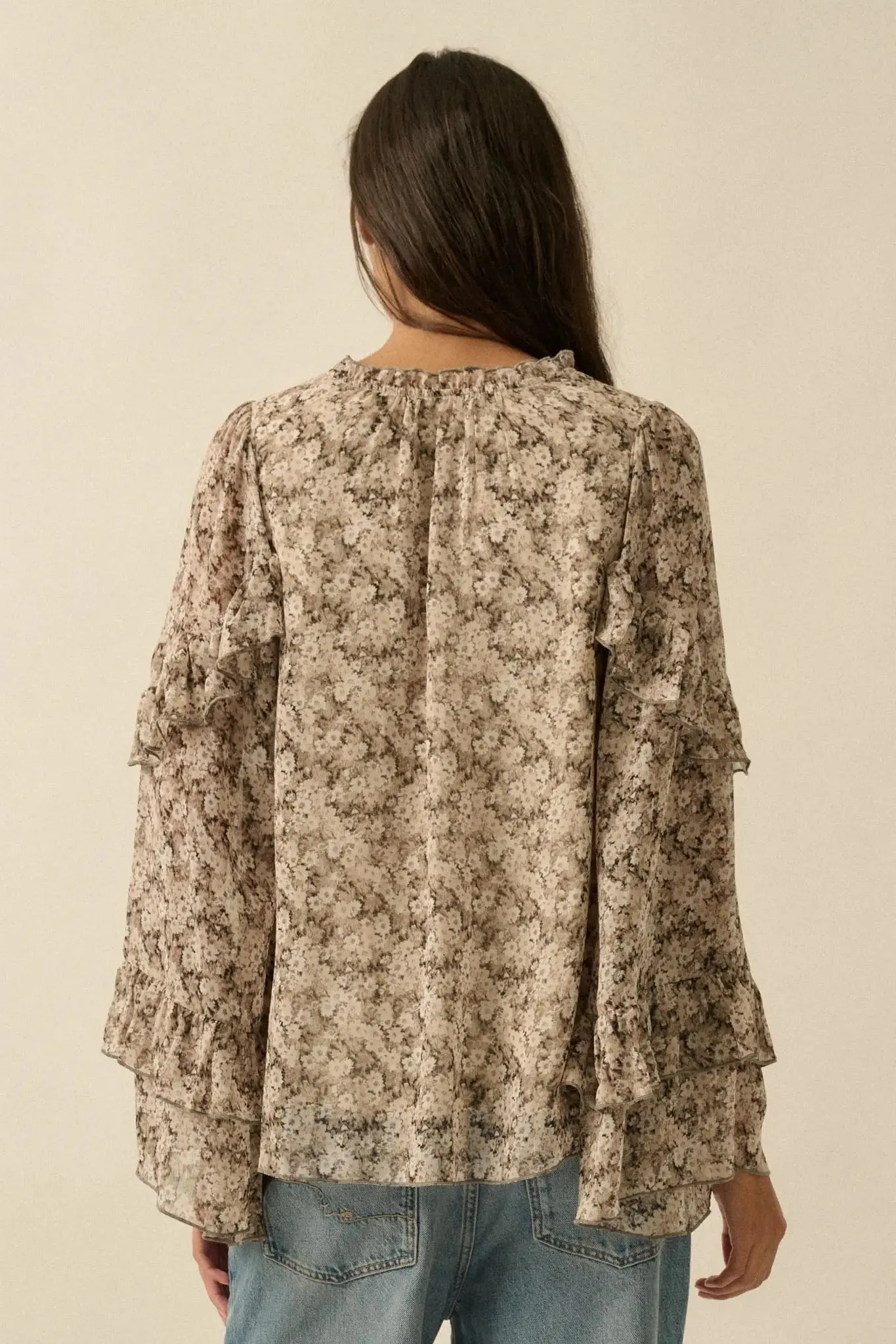 Embrace Me Floral Chiffon Ruffle Bell-Sleeve Top sold by Promesa product image thumbnail 2