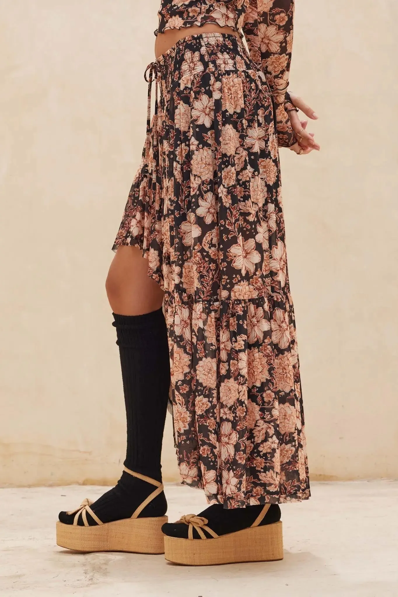 Floral Flourish Mesh High-Low Ruffle Maxi Skirt sold by Promesa product image thumbnail 5