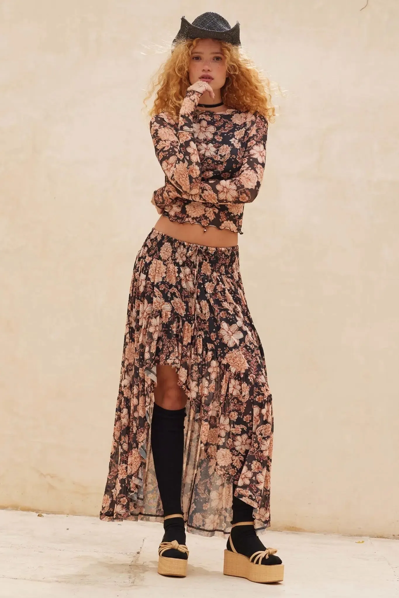 Floral Flourish Mesh High-Low Ruffle Maxi Skirt sold by Promesa