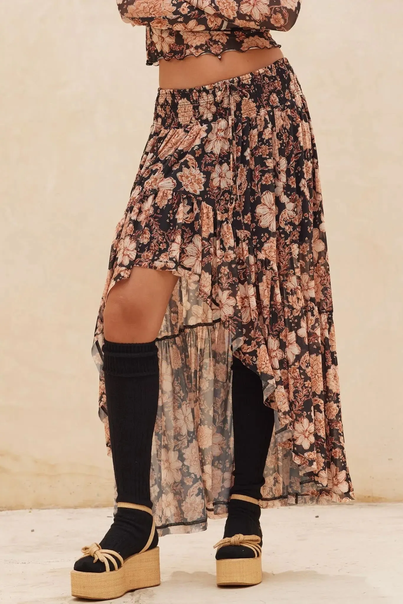 Floral Flourish Mesh High-Low Ruffle Maxi Skirt sold by Promesa product image thumbnail 2
