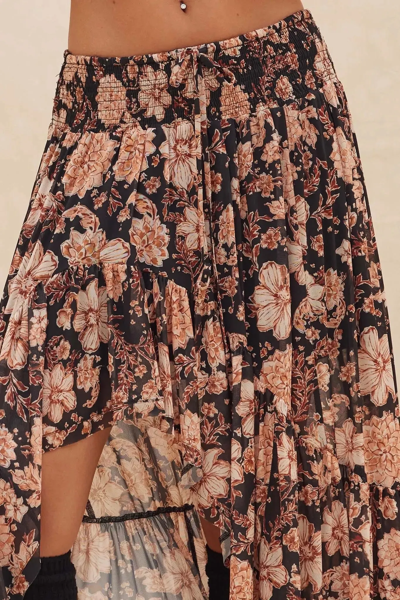 Floral Flourish Mesh High-Low Ruffle Maxi Skirt sold by Promesa product image thumbnail 3