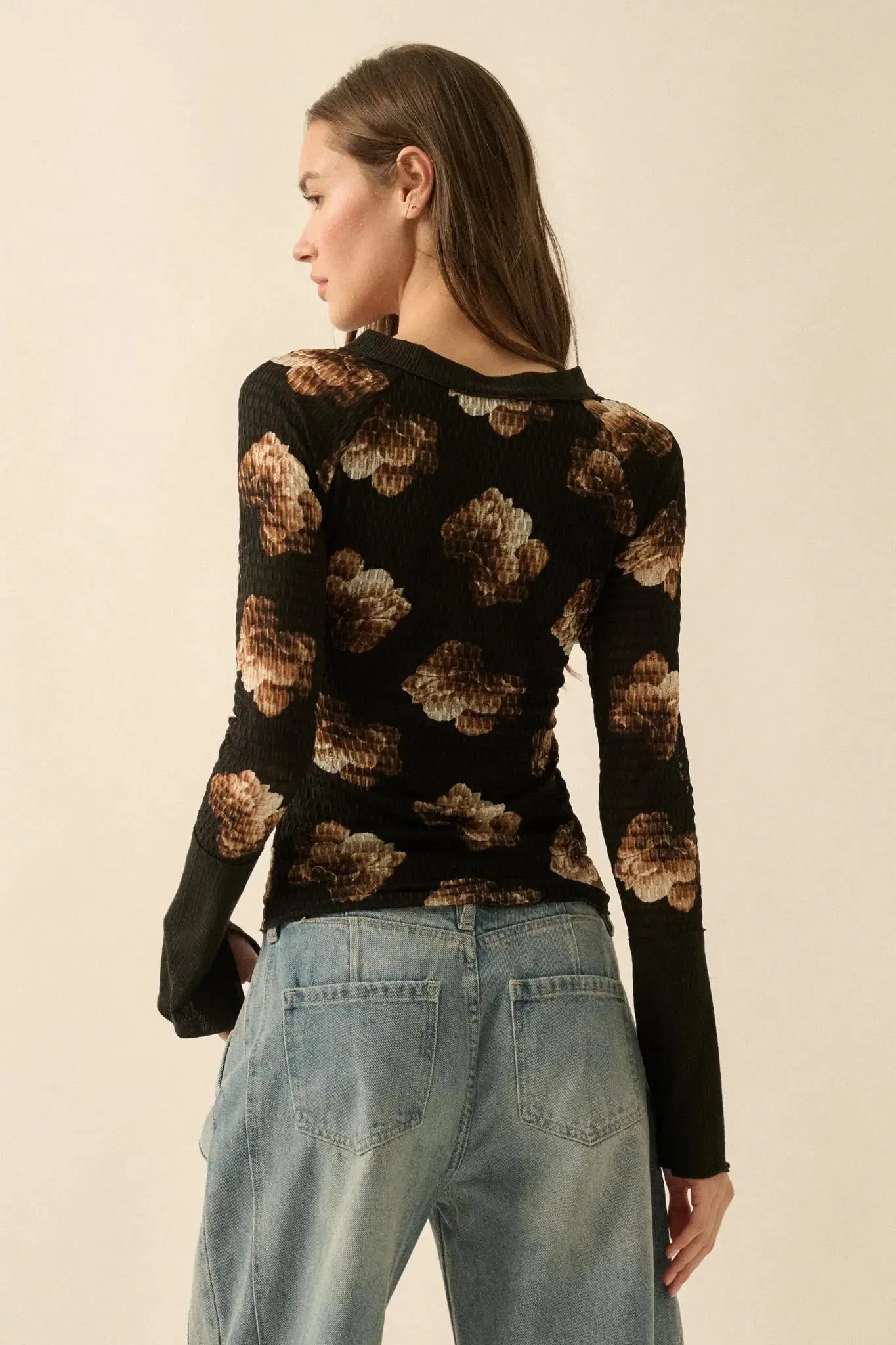 Sweet Harmony Floral Honeycomb Mesh Henley Top sold by Promesa product image thumbnail 2