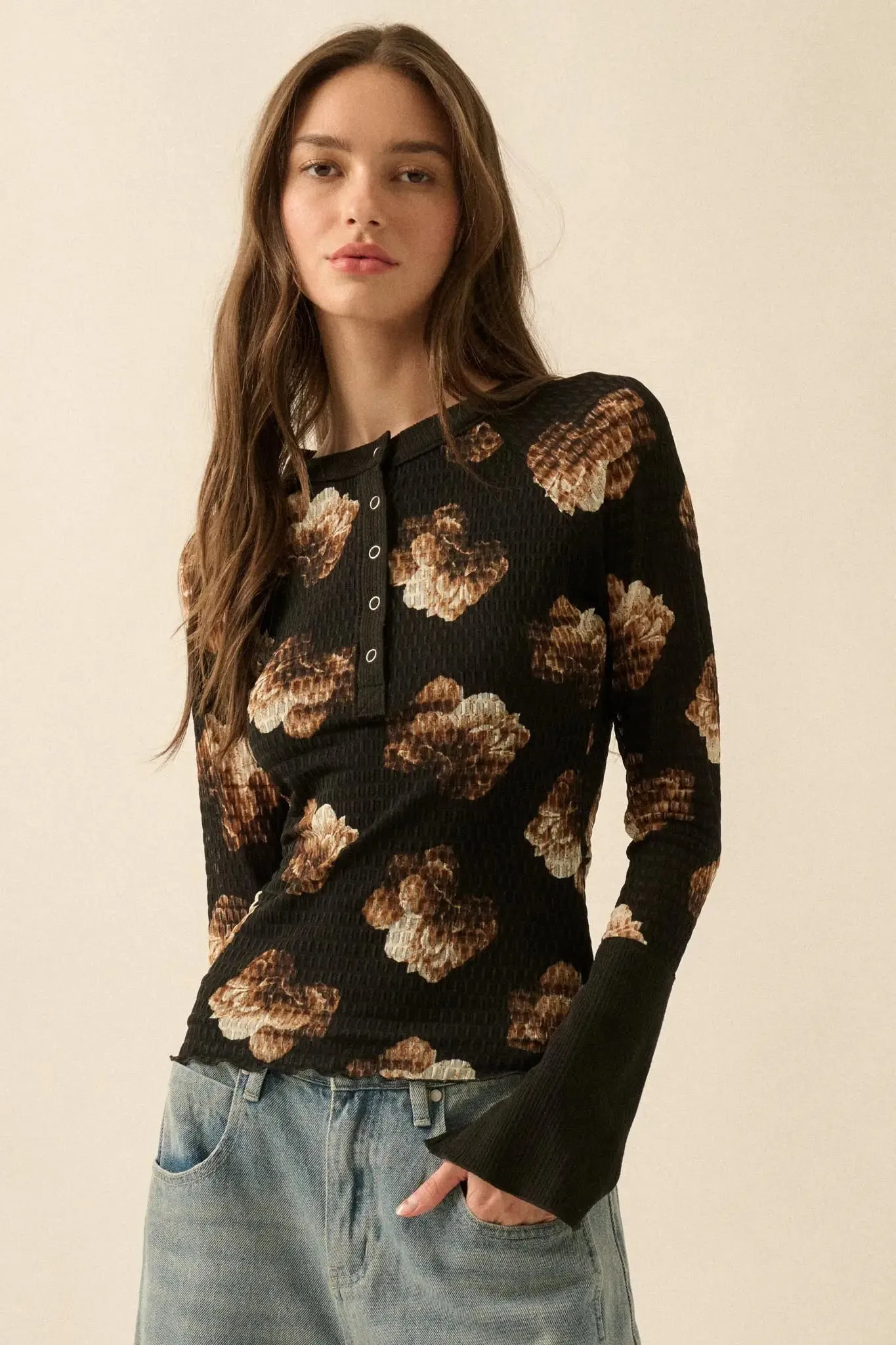 Sweet Harmony Floral Honeycomb Mesh Henley Top sold by Promesa