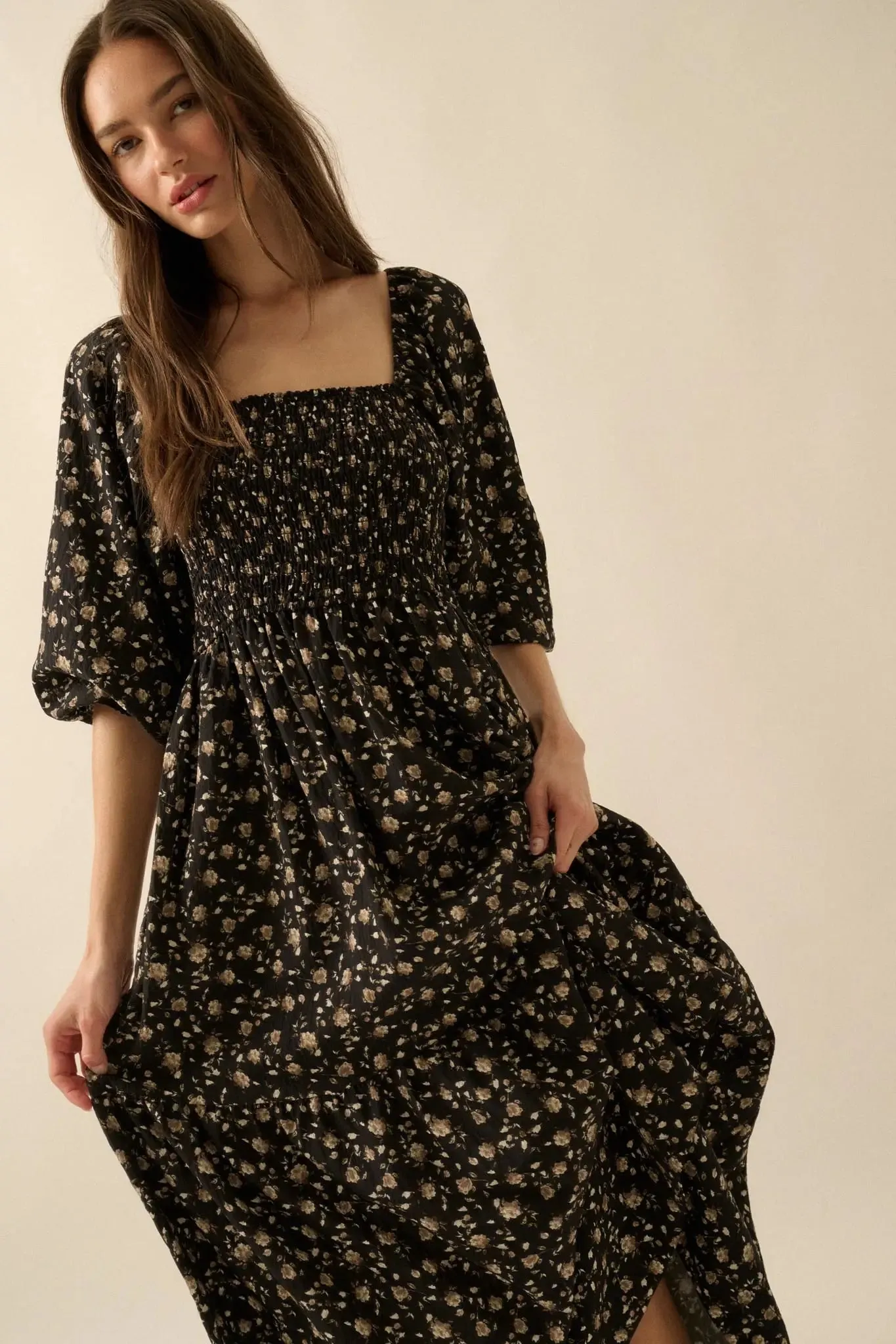 Home Ground Floral Smocked Midi Peasant Dress sold by Promesa product image thumbnail 5