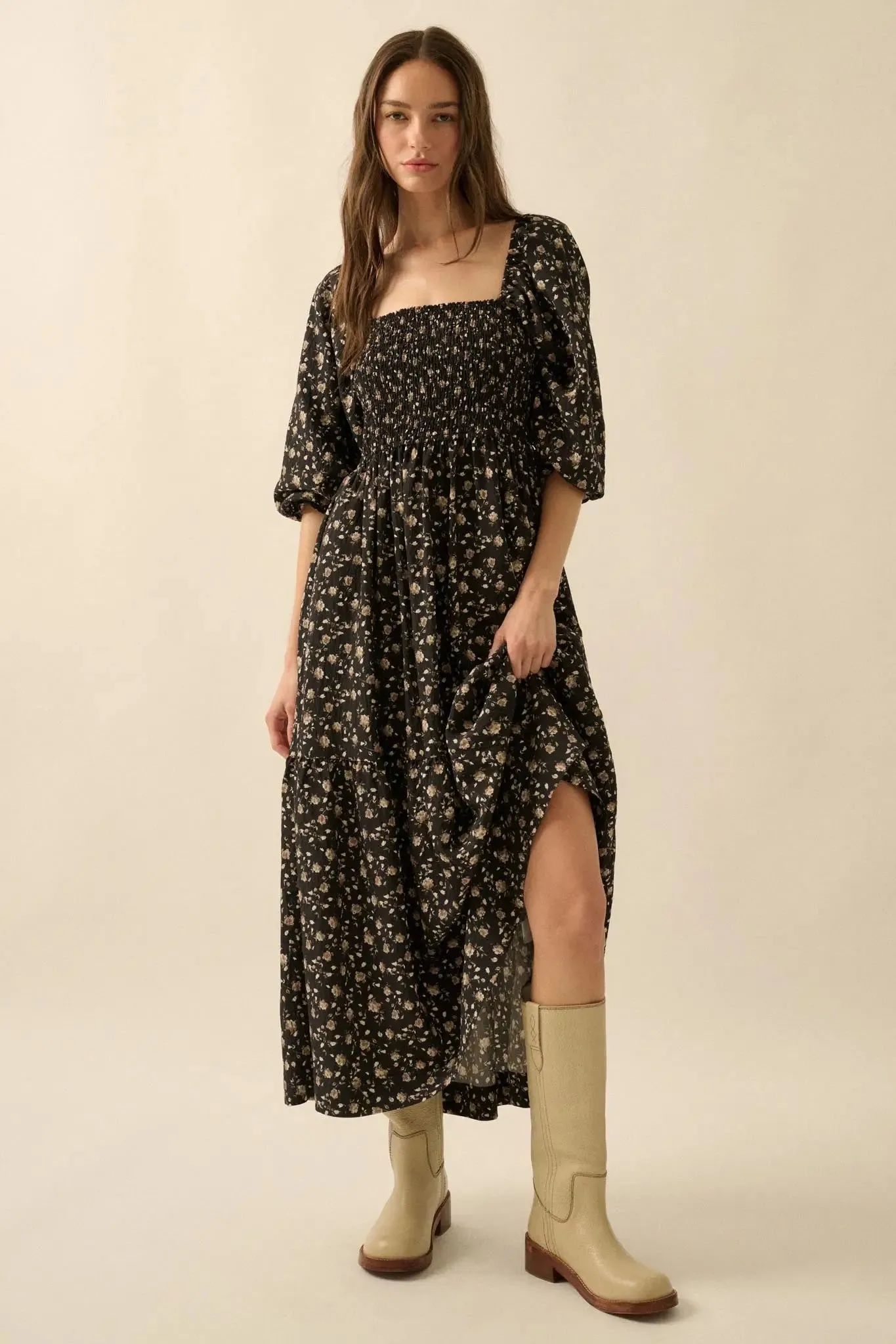 Home Ground Floral Smocked Midi Peasant Dress sold by Promesa product image thumbnail 3