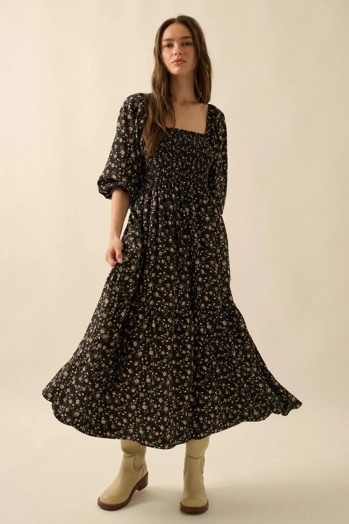 Home Ground Floral Smocked Midi Peasant Dress sold by Promesa